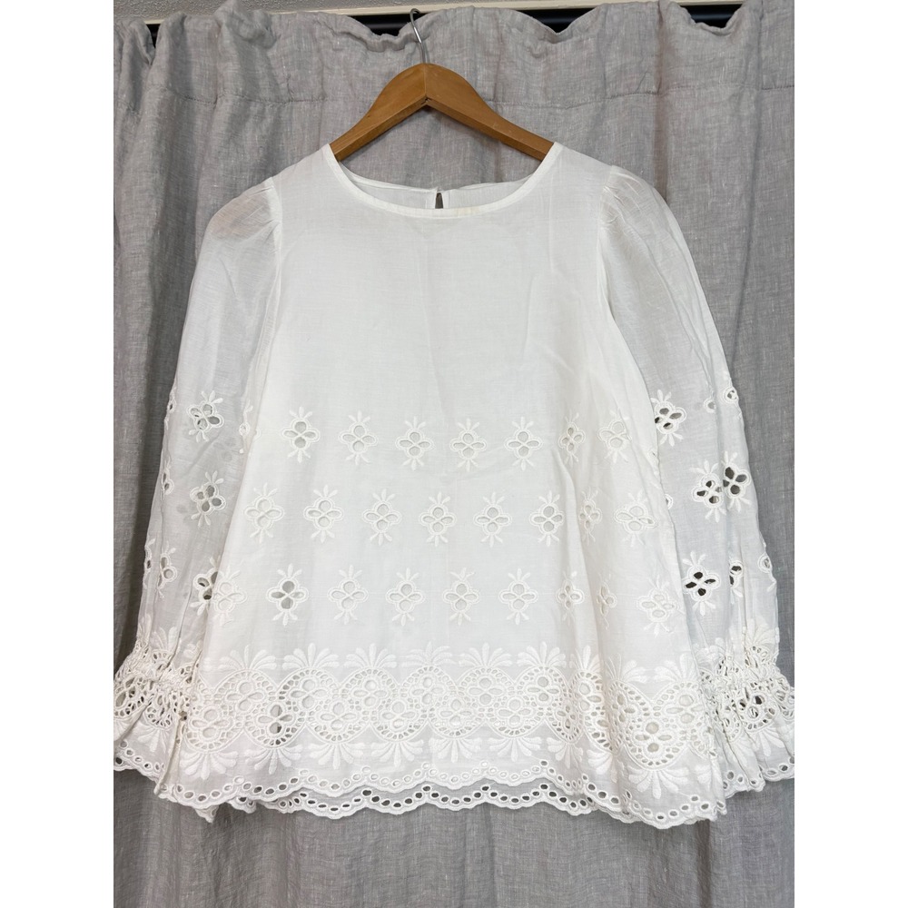 White Cotton Eyelet Embroidery Lace Trim Blouse Long Sleeve Ruffle Cuff Top